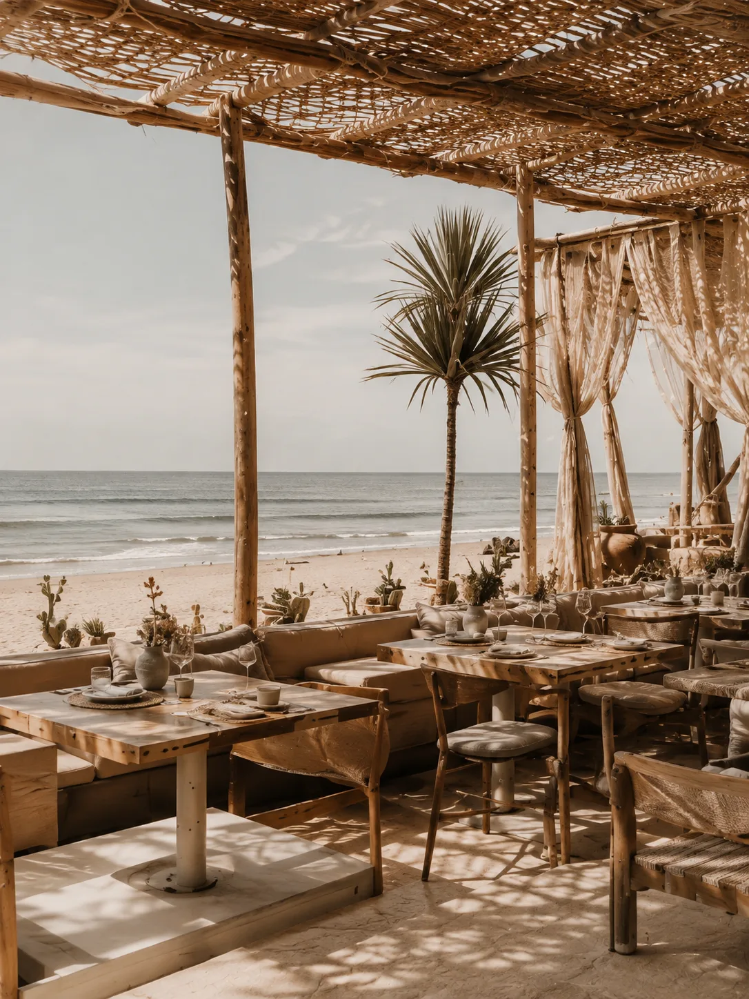 Beachfront dining beneath a woven rattan pergola, palm and surf beyond