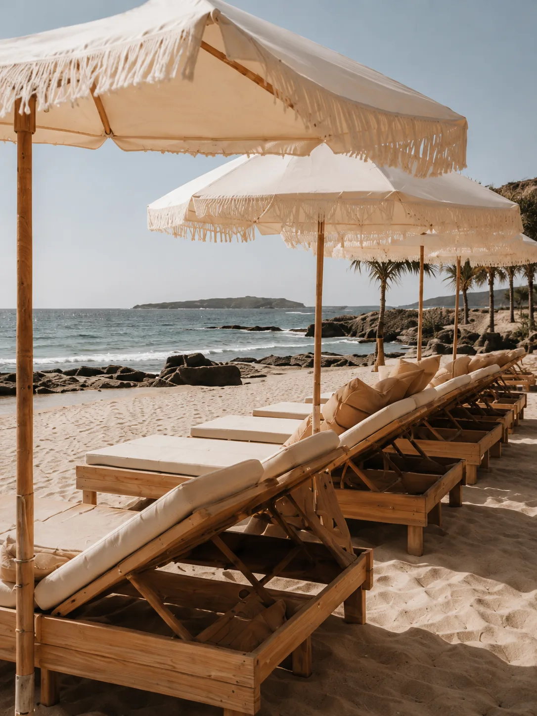 Row of timber loungers under fringed cream umbrellas on a rocky-headland beach